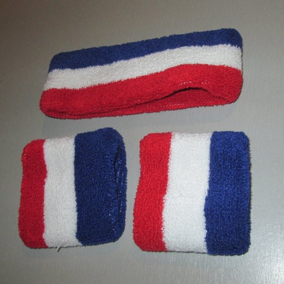 Retro USA Red White Blue Striped Terry Cloth Gym Sweatband Set Wrist & Headband - Picture 1 of 3